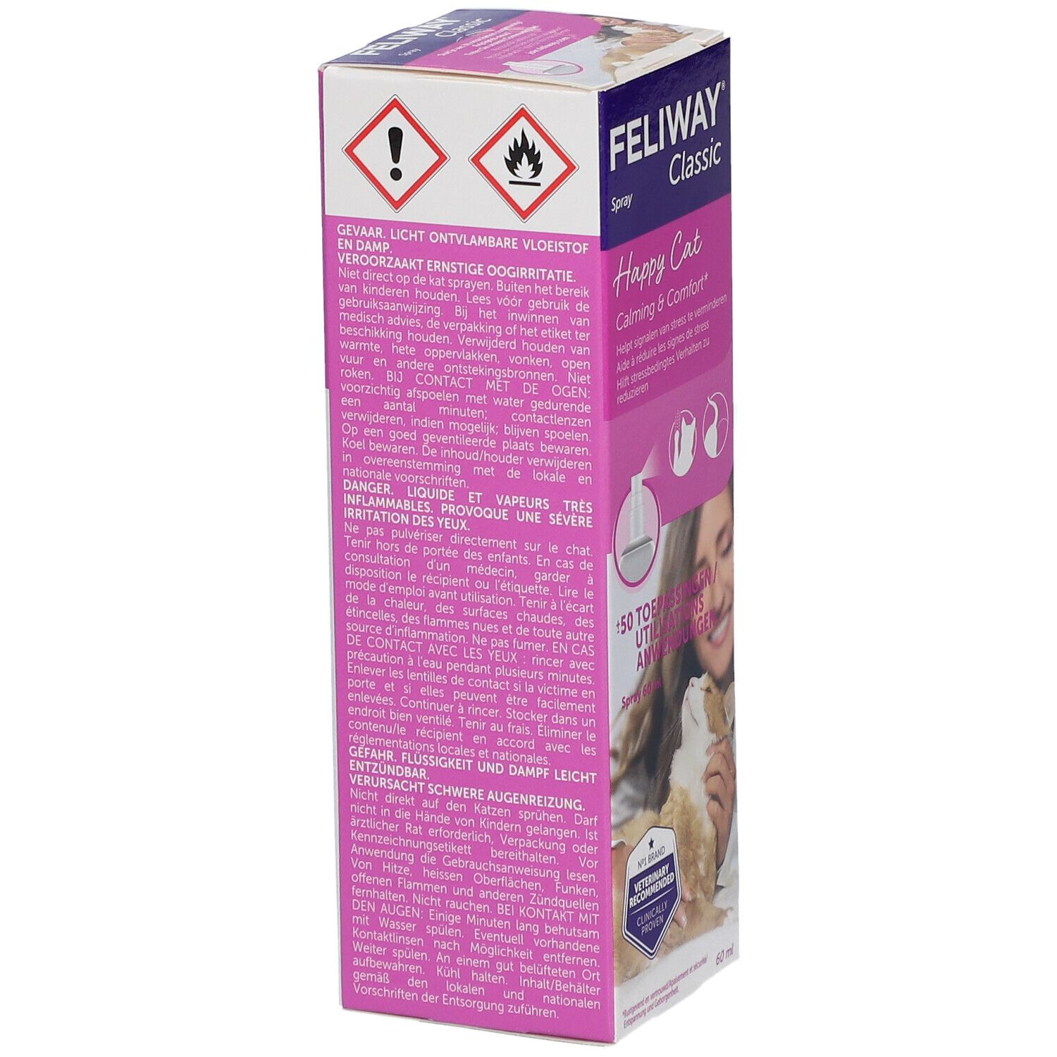 Boîte de Feliway Classic Spray. Arrière avec avertissements et ingrédients. Contient 60 ml.