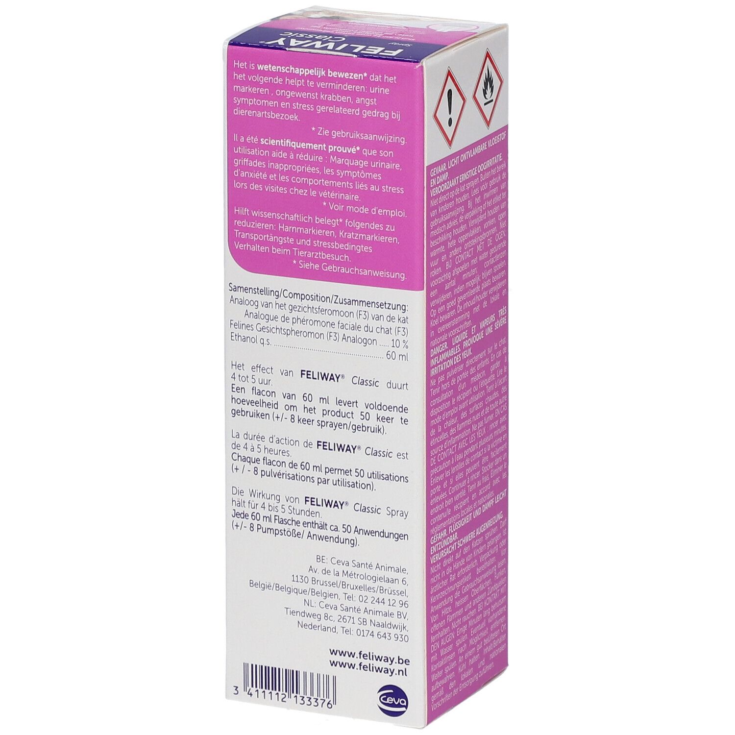 Arrière de la boîte Feliway Classic Spray. Informations sur l'utilisation et la composition. Contient 60 ml.