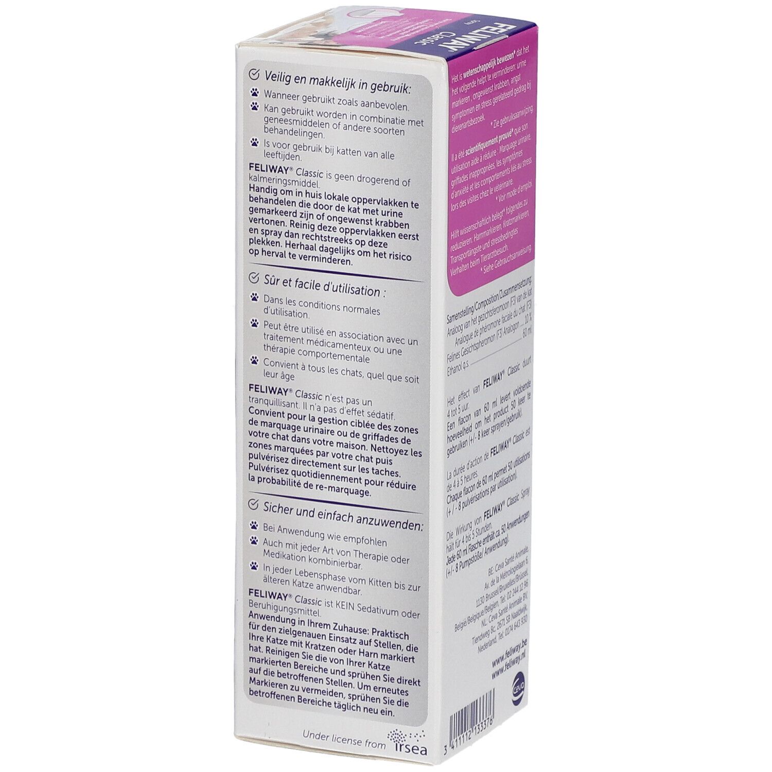 Arrière de la boîte Feliway Classic Spray. Informations sur l'utilisation et la sécurité. Contient 60 ml.