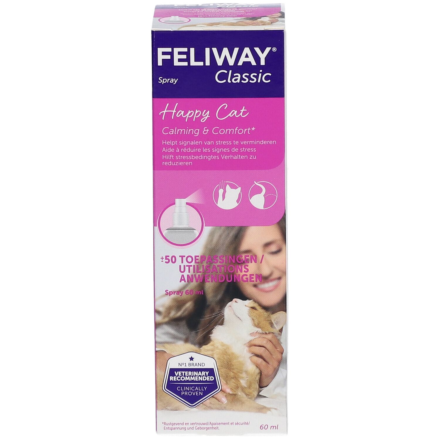 Boîte de Feliway Classic Spray. Inscription: Happy Cat. Contient 60 ml. Illustration d'une femme et d'un chat.