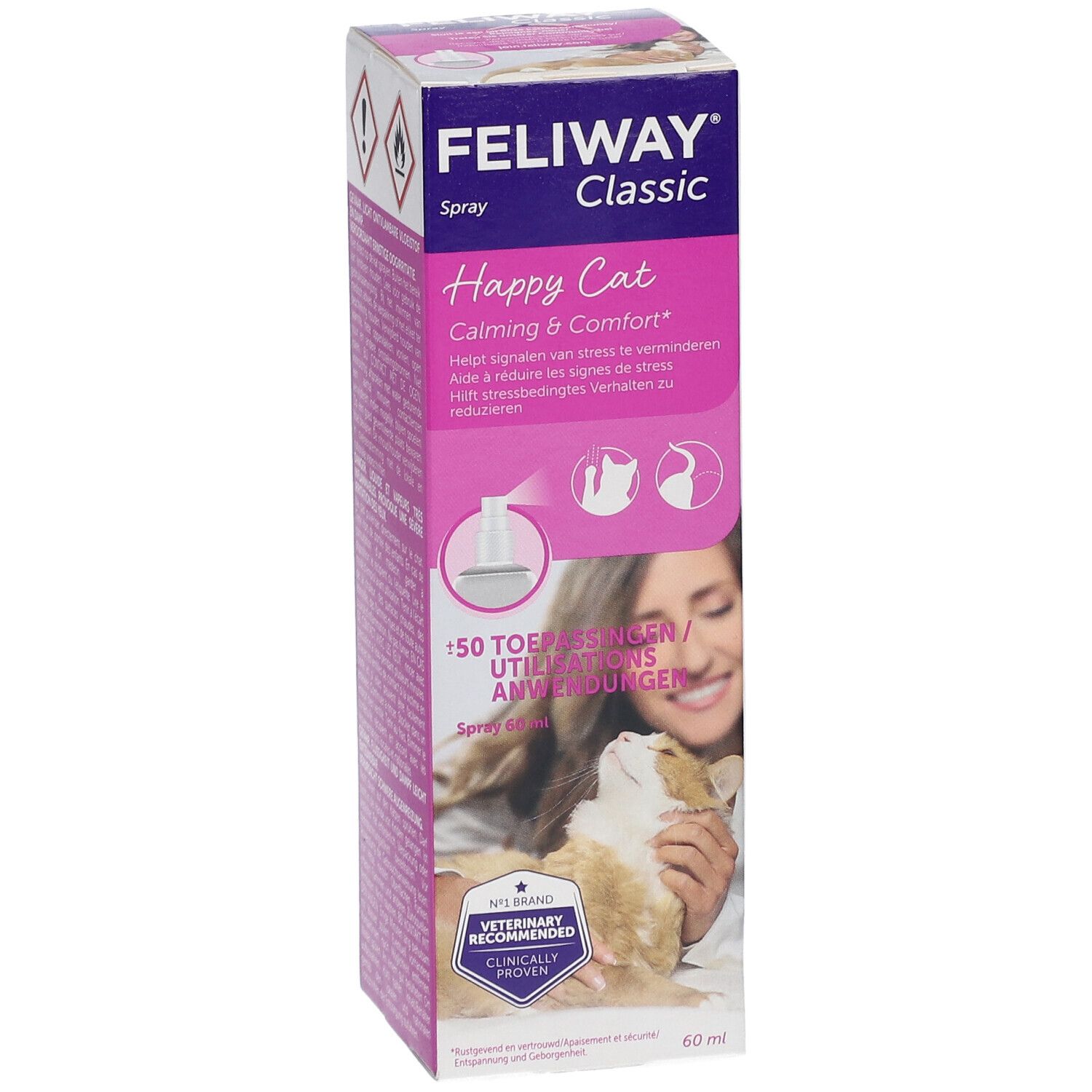 Boîte de Feliway Classic Spray. Inscription: Happy Cat. Contient 60 ml. Illustration d'une femme et d'un chat.