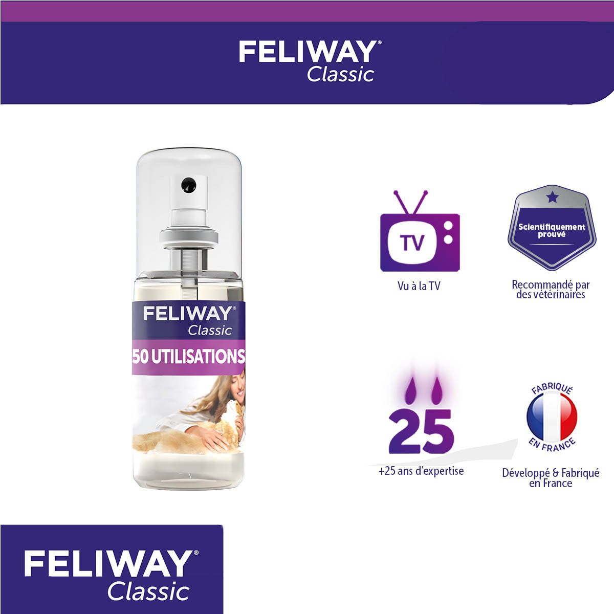 Flacon de Feliway Classic Spray. Avec logos et texte. Contient 50 utilisations. Fabriqué en France.