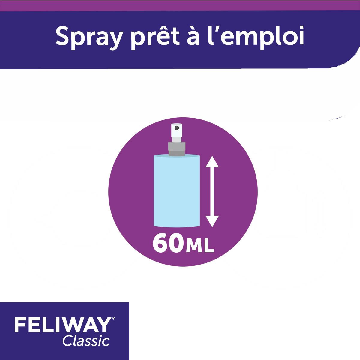 Flacon de Feliway Classic Spray. 60 ml. Avec illustration. Montre la quantité de pulvérisation.