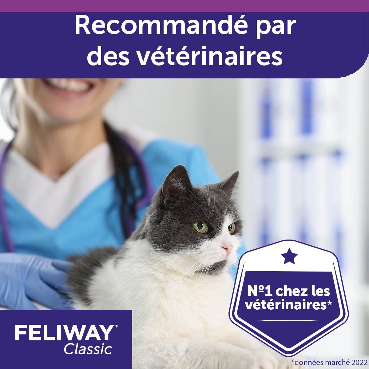 Feliway Classic Spray. Illustration d'un chat et texte. Recommandé par les vétérinaires.