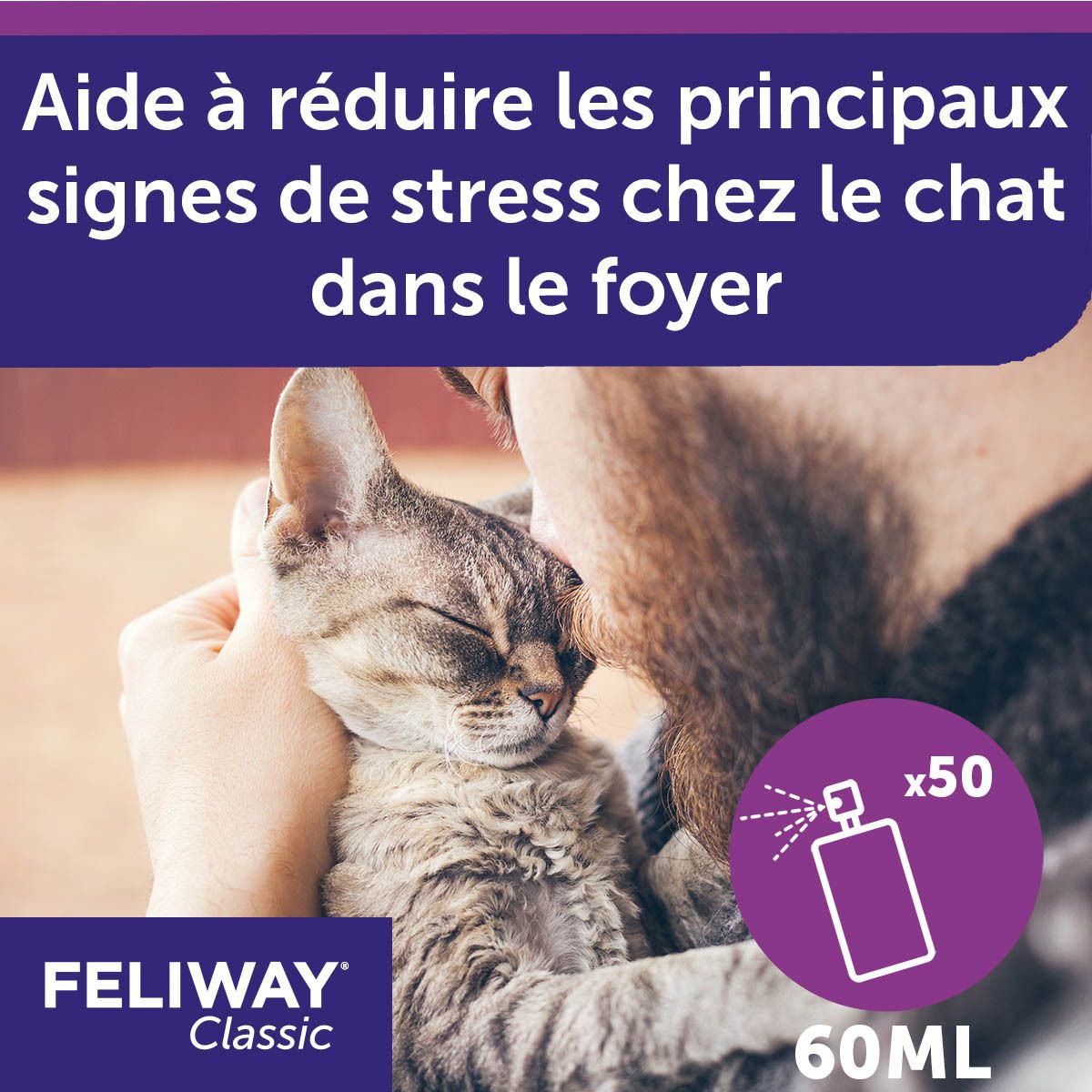 Feliway Classic Spray. Illustration d'un chat et texte. Contient 60 ml. Avec flacon pulvérisateur.