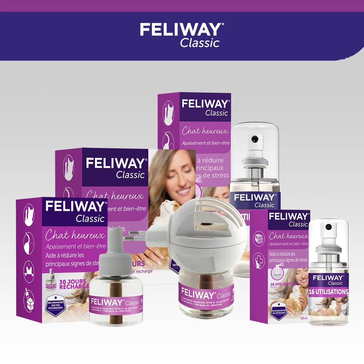 Différents produits Feliway Classic. Spray, diffuseur et recharges. Avec texte.