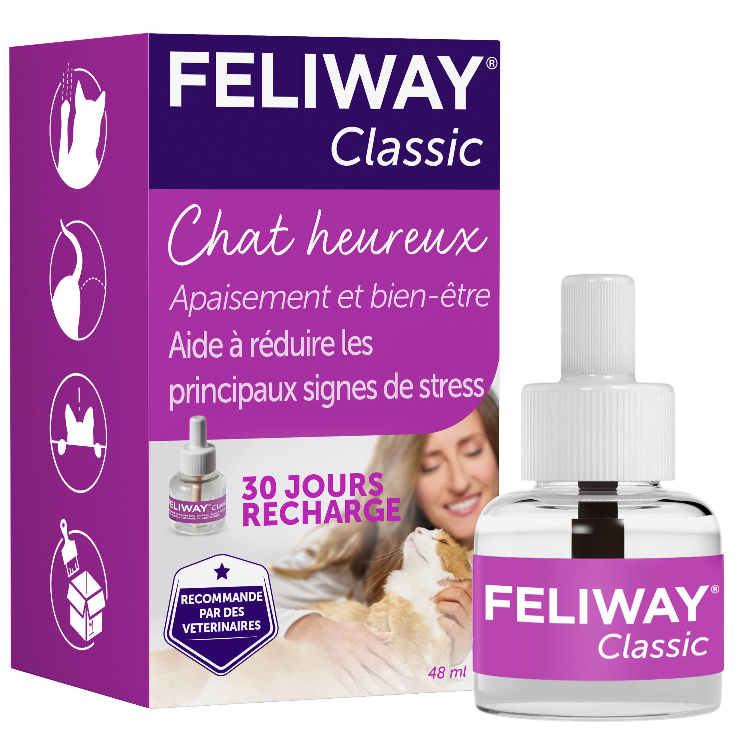 Flacon et diffuseur Feliway Classic. Inscription: Chat heureux, recharge 30 jours. Avec chat.