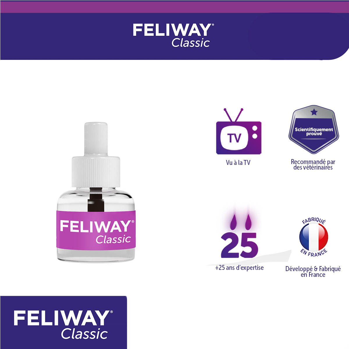 Diffuseur et flacon Feliway Classic. Logos: TV, scientifiquement prouvé, fabriqué en France.