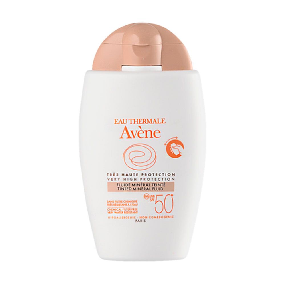 Weißes Fläschchen mit getöntem Sonnenfluid SPF50+. Brauner Deckel. Aufschrift: Eau Thermale Avène, SPF 50+.