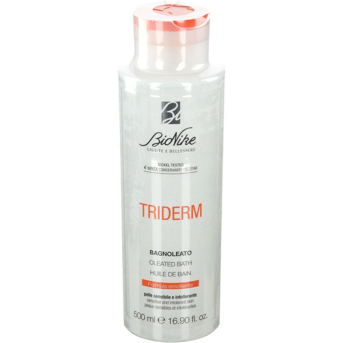 Witte fles BioNike TRIDERM Badeöl met rode dop. Opschriften: Bagnoleato, Oileated Bath, Huile de Bain. Logo en merknaam.