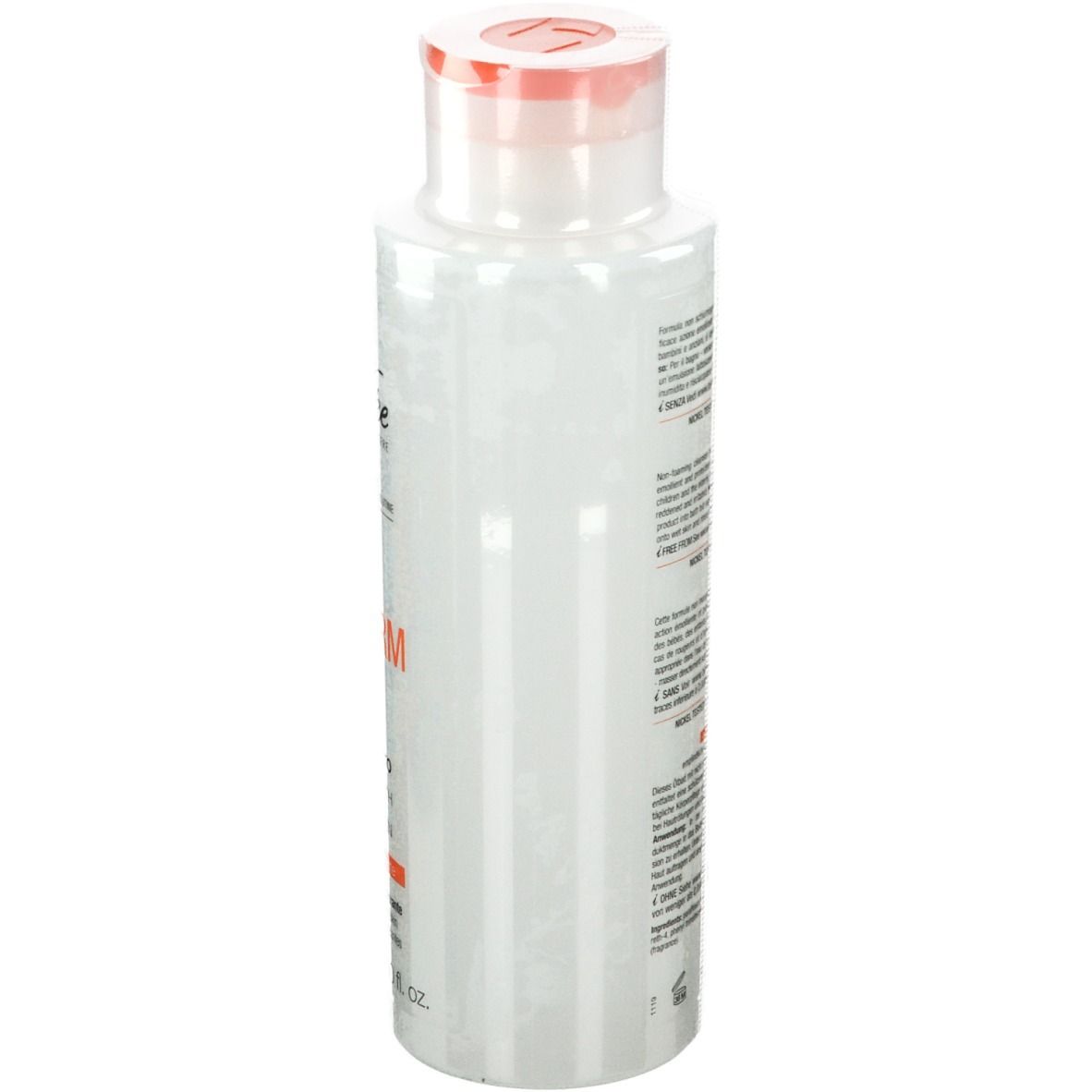 Witte fles BioNike TRIDERM Badeöl, zijaanzicht. Tekst en logo zichtbaar. Rode dop. Productinformatie op de achterkant.