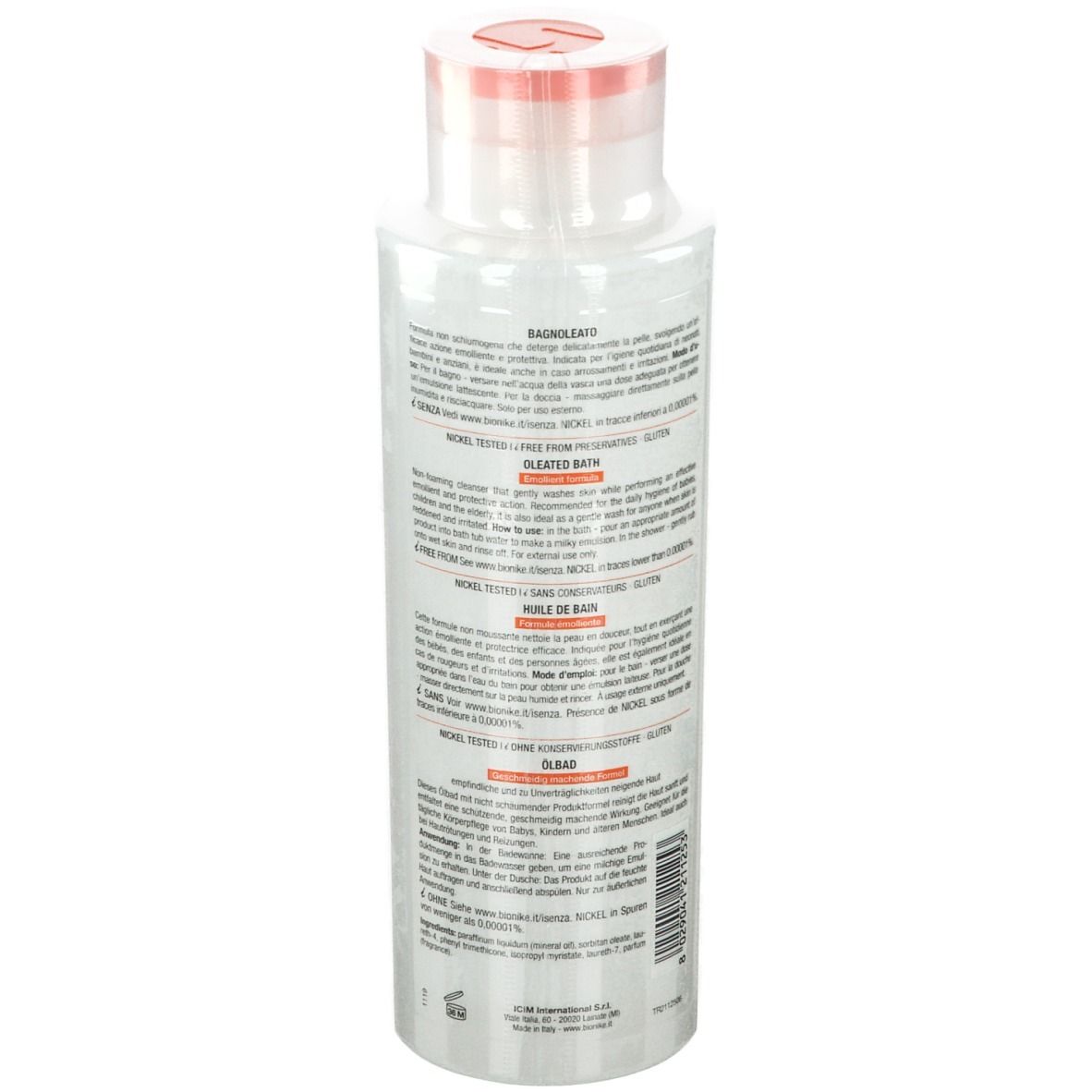 Achterkant van de witte fles BioNike TRIDERM Badeöl. Meertalige tekst. Rode dop. Productinformatie en logo zichtbaar.