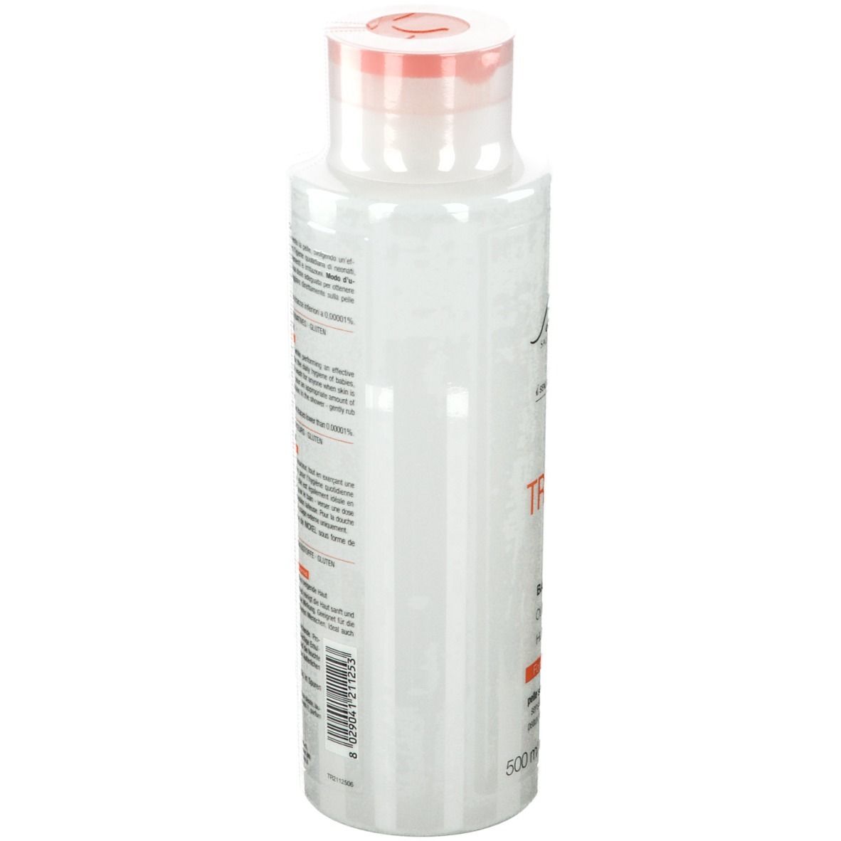 Witte fles BioNike TRIDERM Badeöl, zijaanzicht. Tekst en logo zichtbaar. Rode dop. Productinformatie op de achterkant.