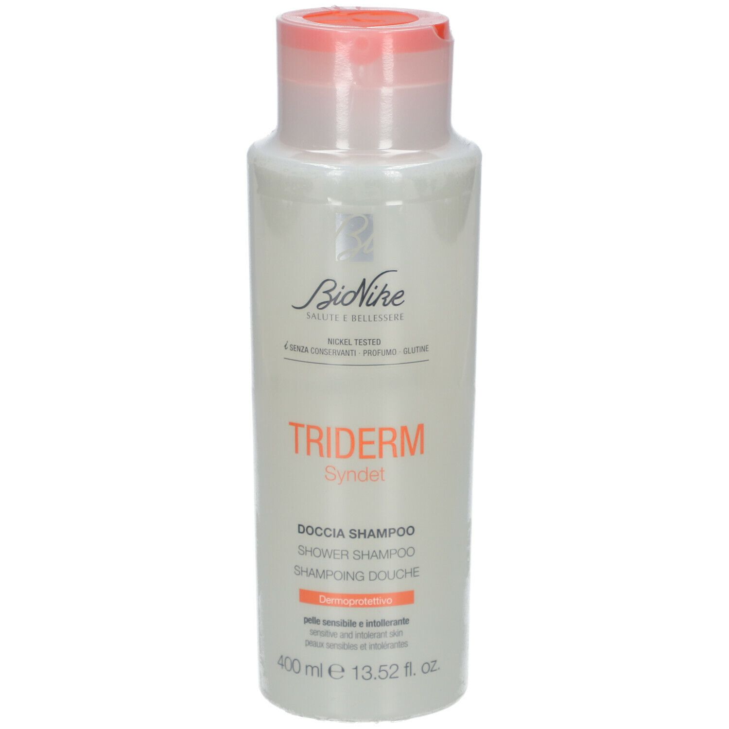 BioNike TRIDERM 2in1 Shampoo + Douche. Witte fles met oranje dop. Productnaam en tekst zichtbaar.