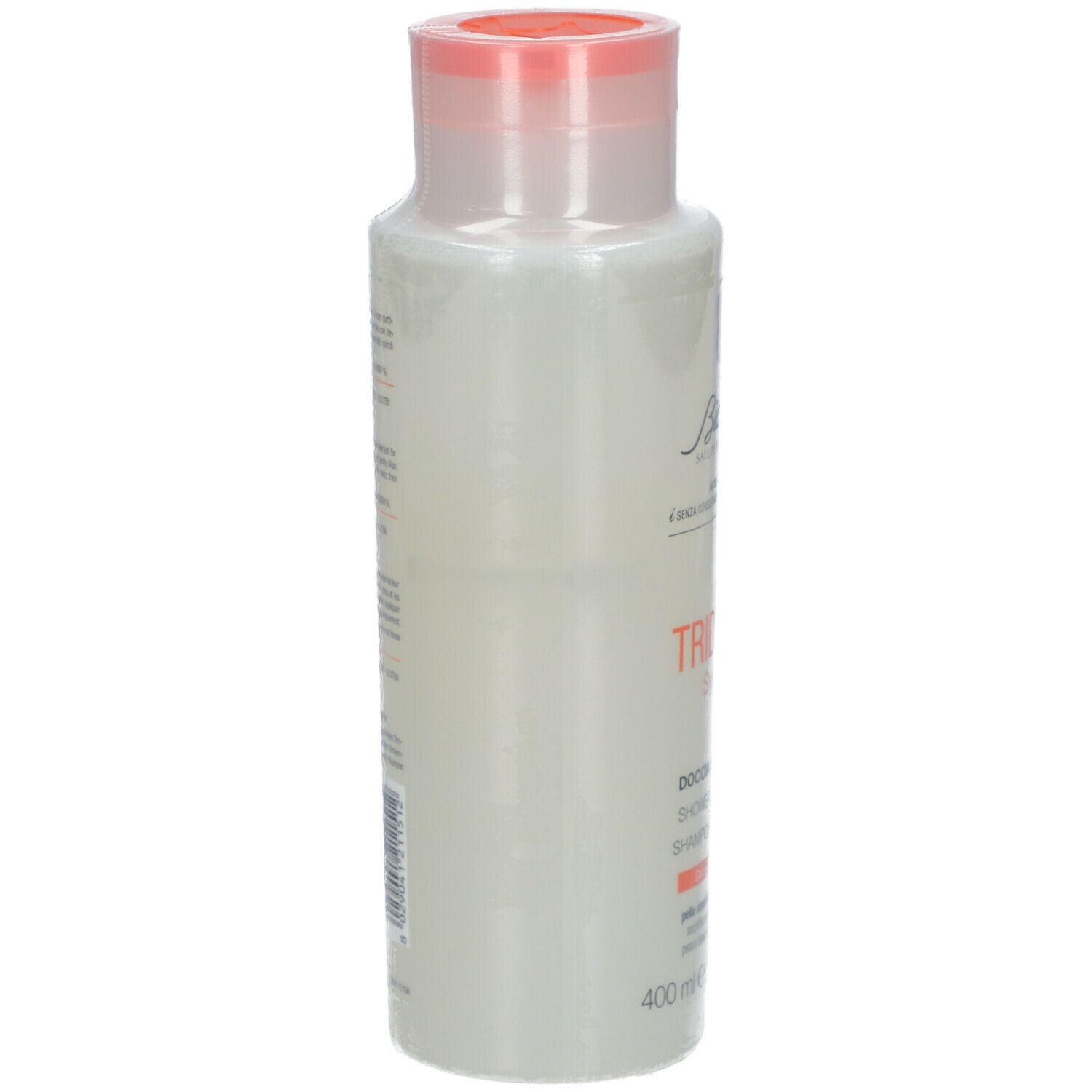 BioNike TRIDERM 2in1 Shampoo + Douche. Witte fles met oranje dop. Achterkant met tekst.