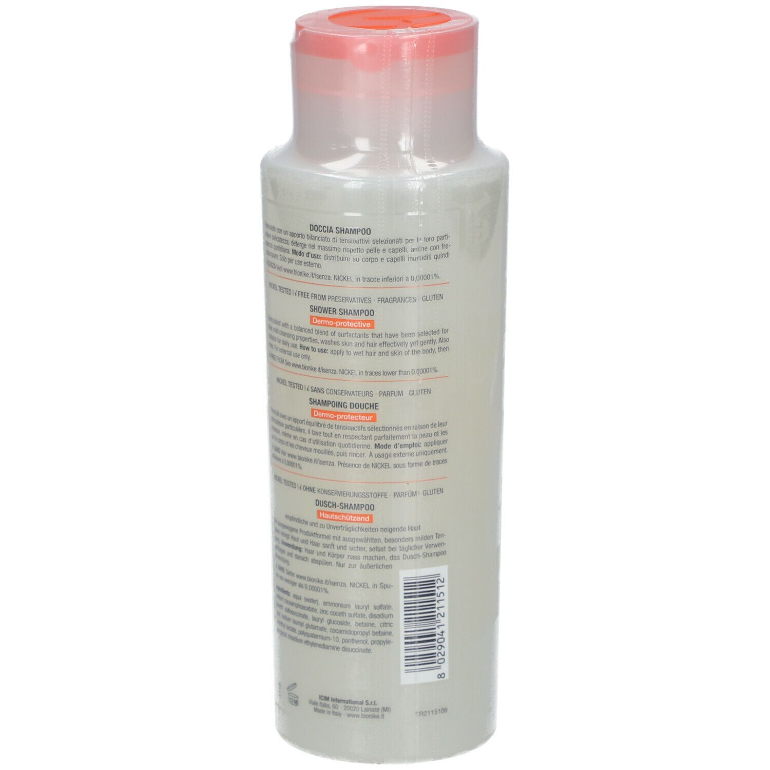 BioNike TRIDERM 2in1 Shampoo + Douche. Witte fles met oranje dop. Achterkant met tekst.