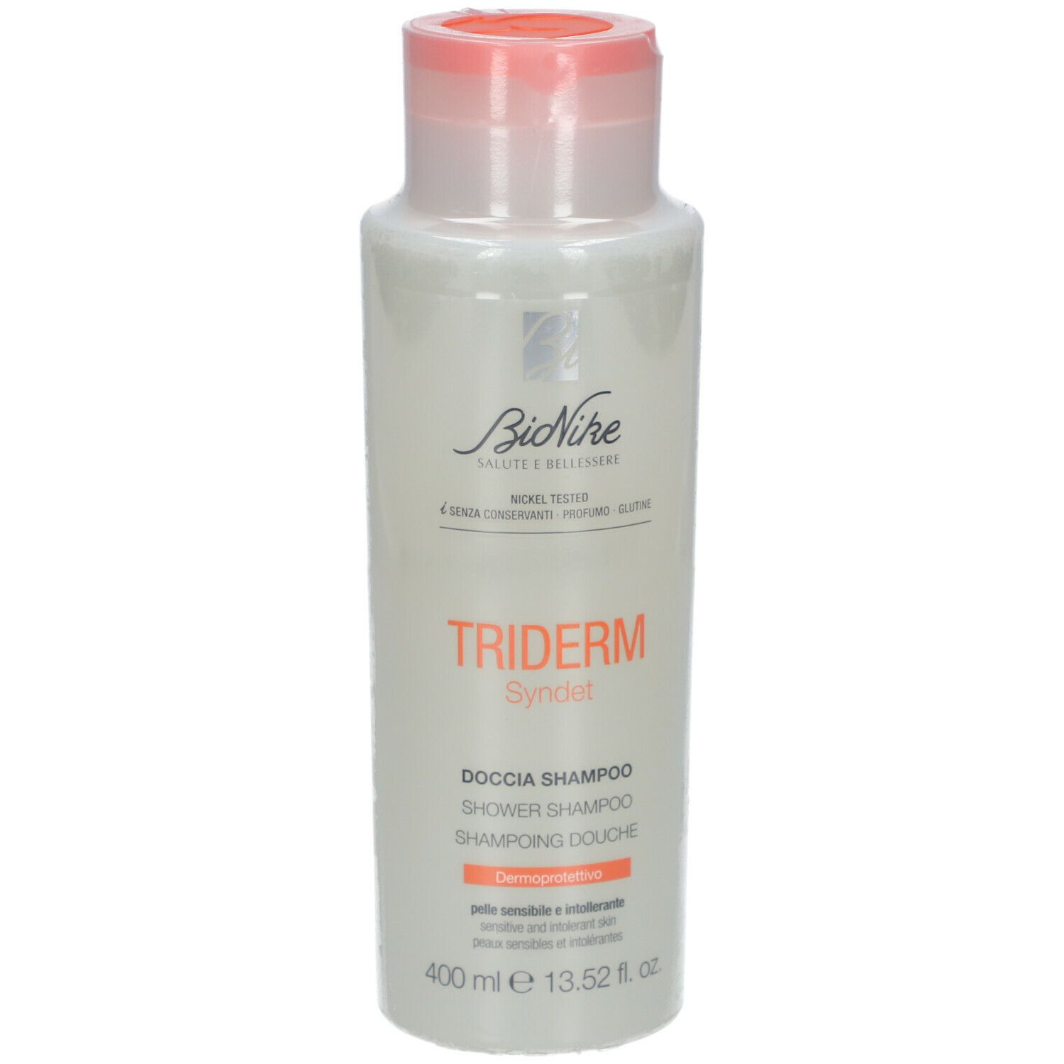 BioNike TRIDERM 2in1 Shampoo + Douche. Witte fles met oranje dop. Productnaam en tekst zichtbaar.