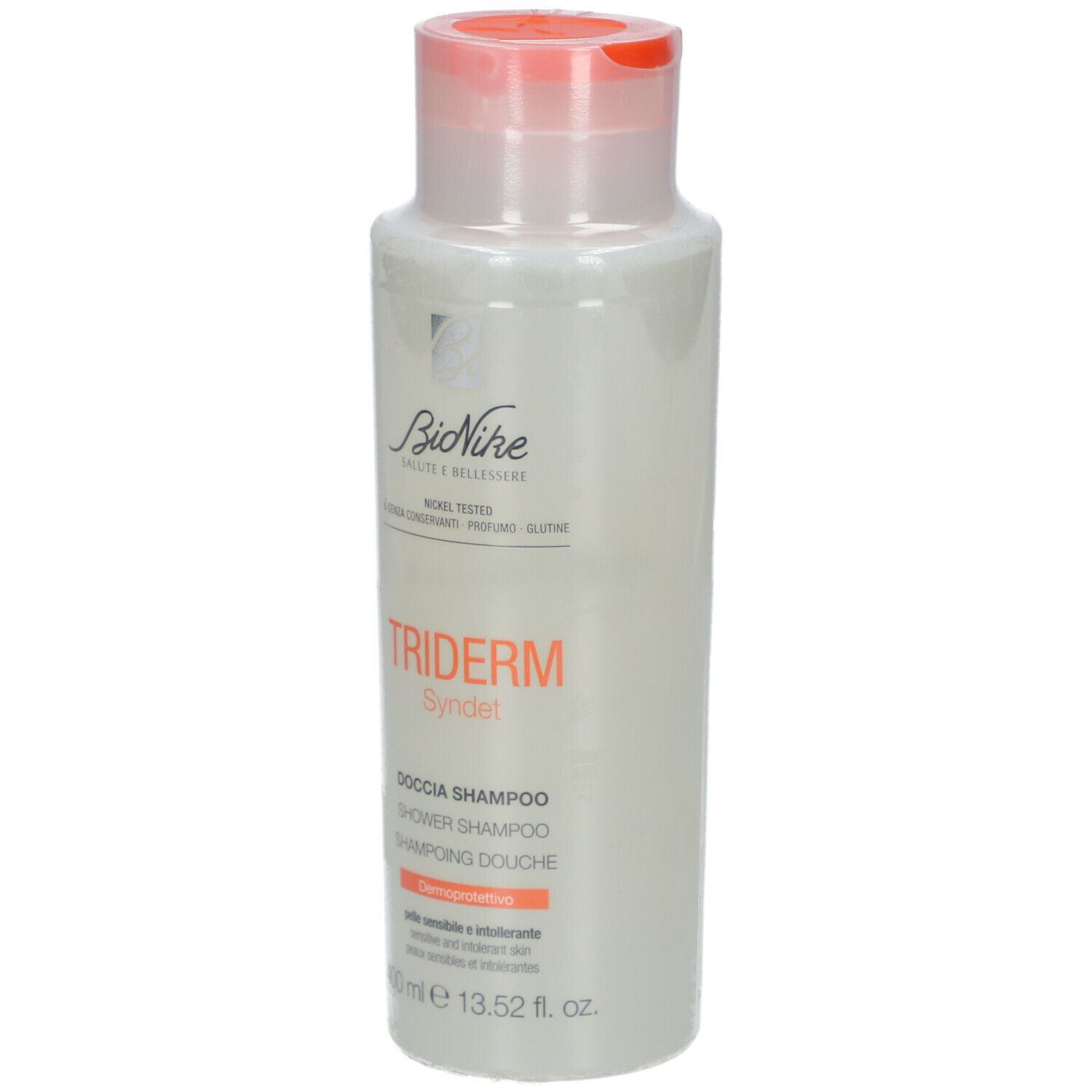 BioNike TRIDERM 2in1 Shampoo + Douche. Witte fles met oranje dop. Productnaam en tekst zichtbaar.