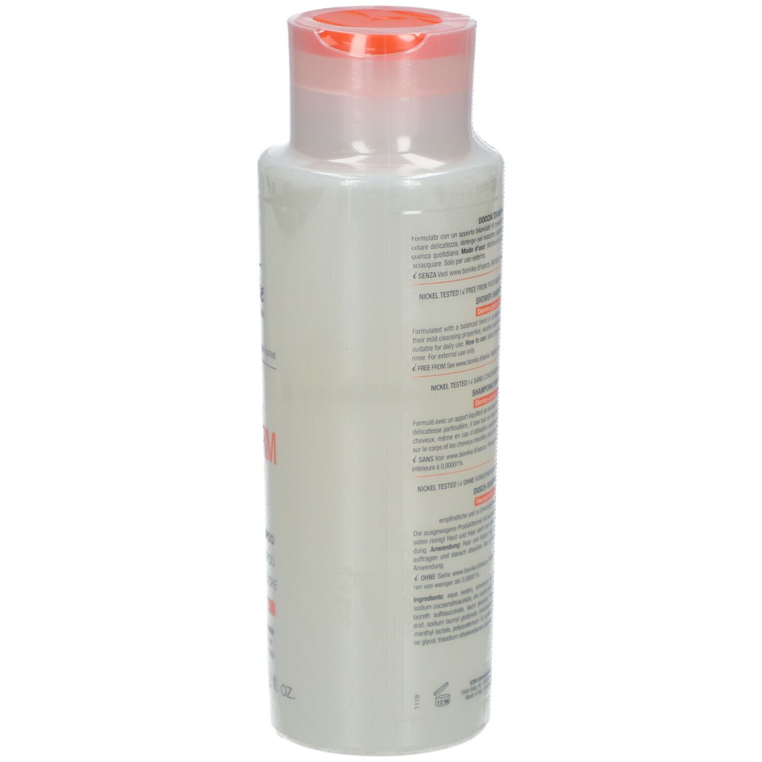 BioNike TRIDERM 2in1 Shampoo + Douche. Witte fles met oranje dop. Achterkant met tekst.