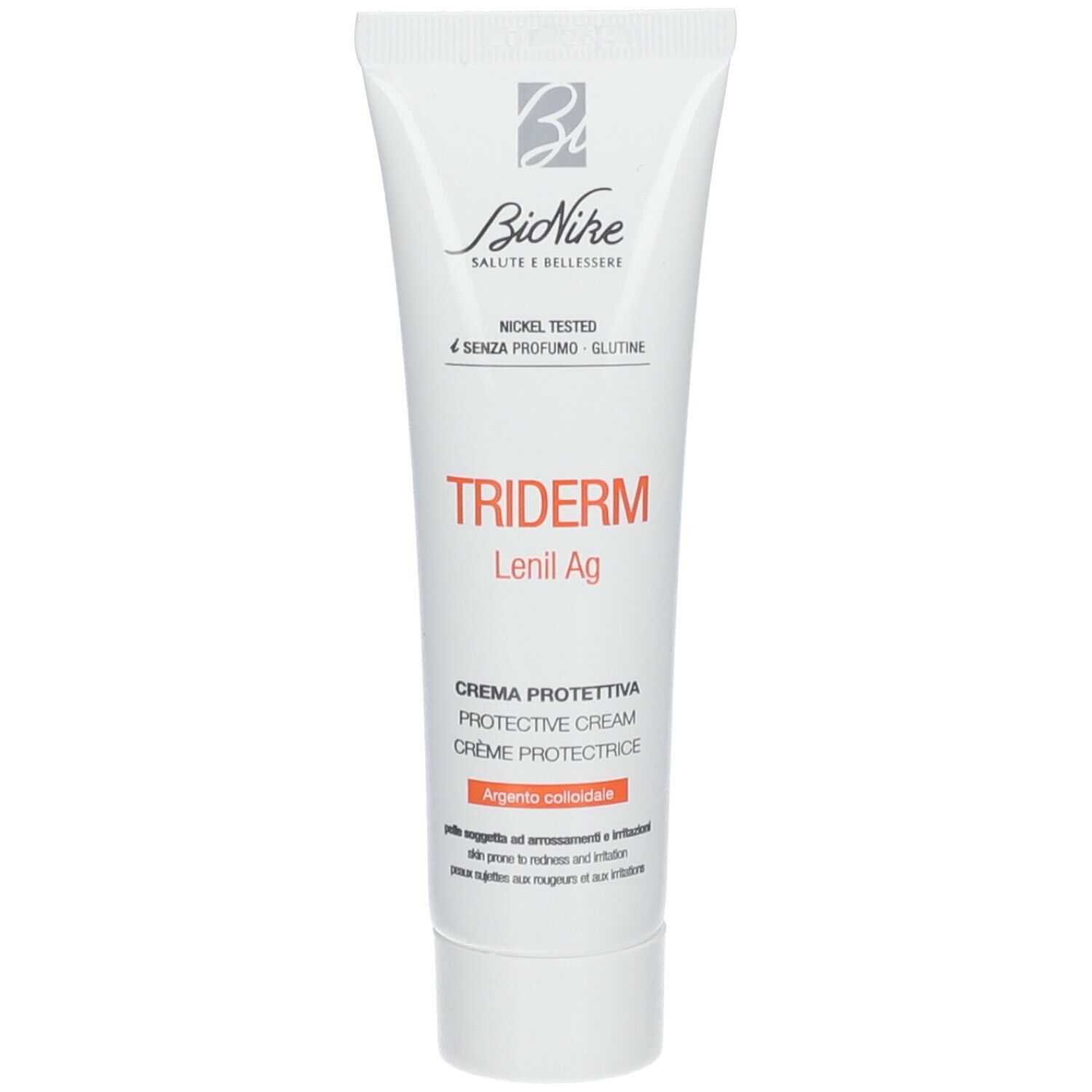 Tube de crème avec nom de produit et de marque. Contient du texte en italien et en anglais.