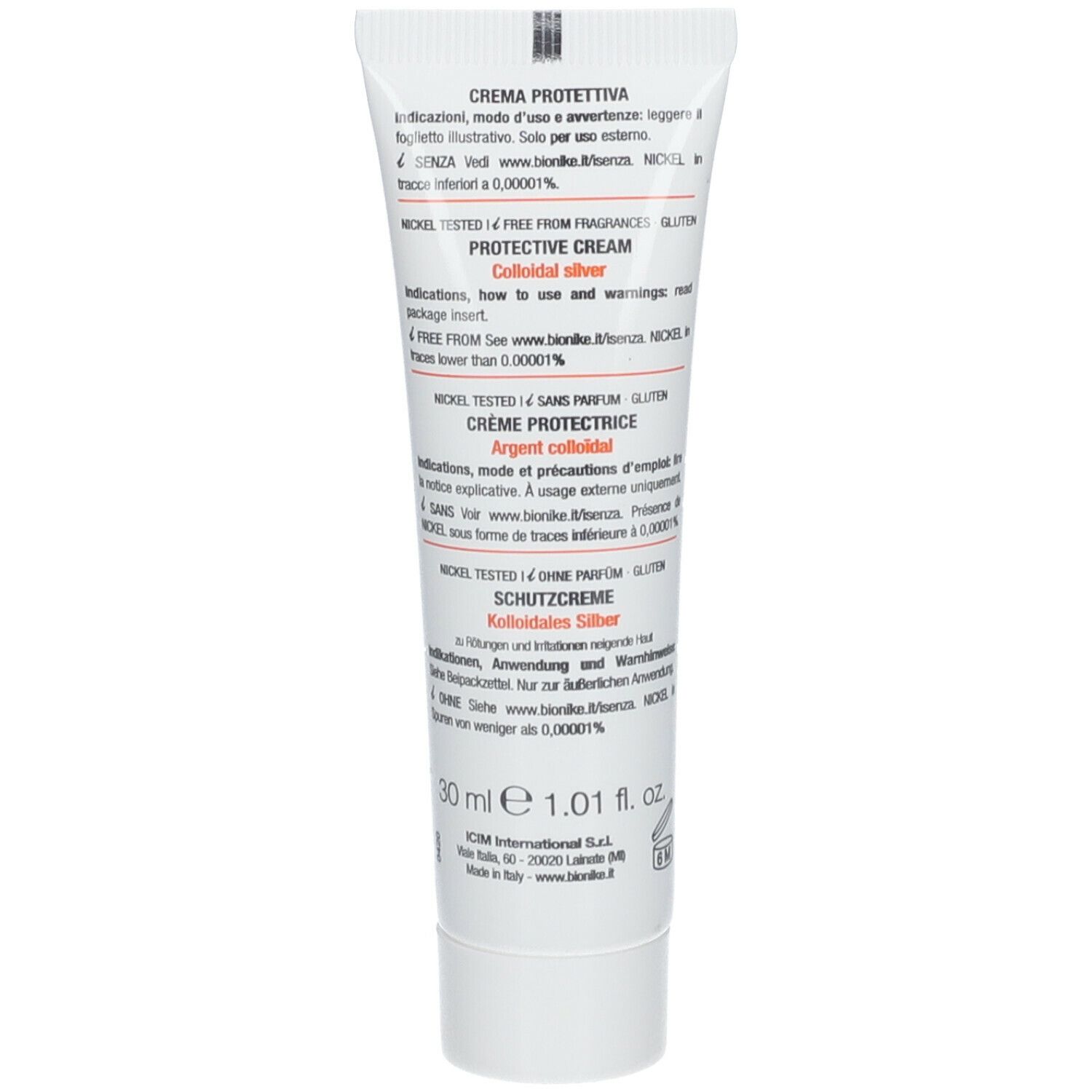 Dos du tube de crème avec informations sur le produit et ingrédients. Contient du texte en plusieurs langues.