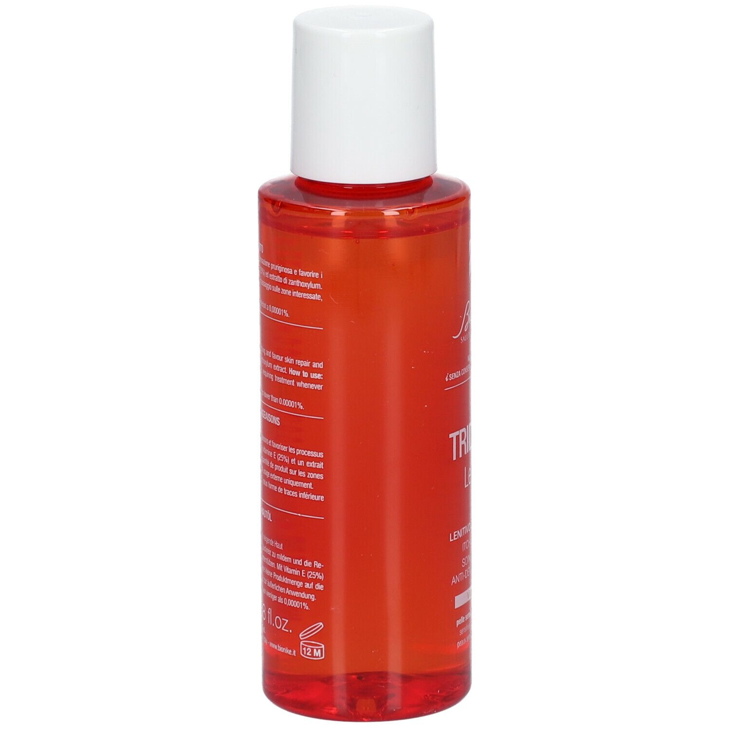 BioNike TRIDERM Len'oil. Dos du flacon rouge avec texte. Bouchon blanc.