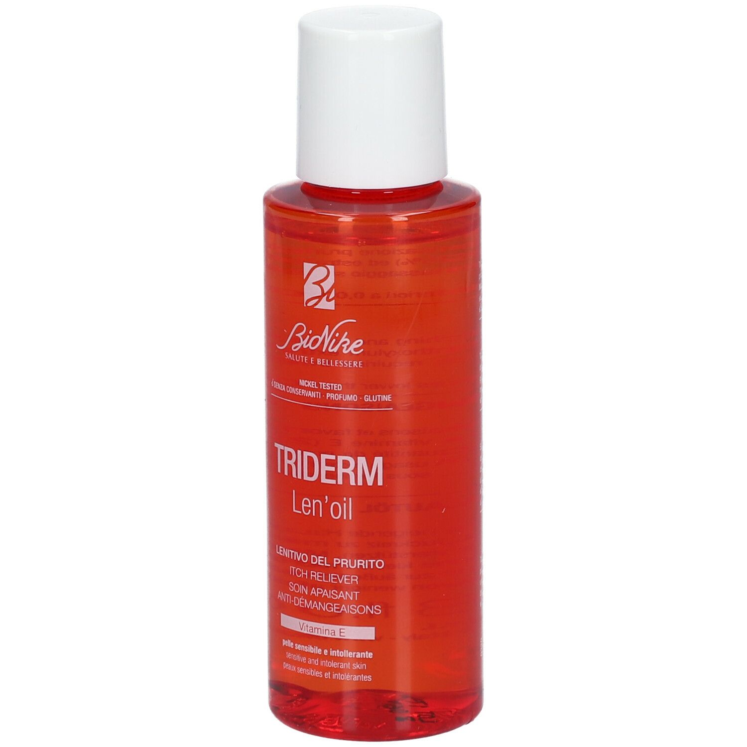 BioNike TRIDERM Len'oil. Flacon rouge à bouchon blanc. Nom du produit et texte sur l'étiquette.