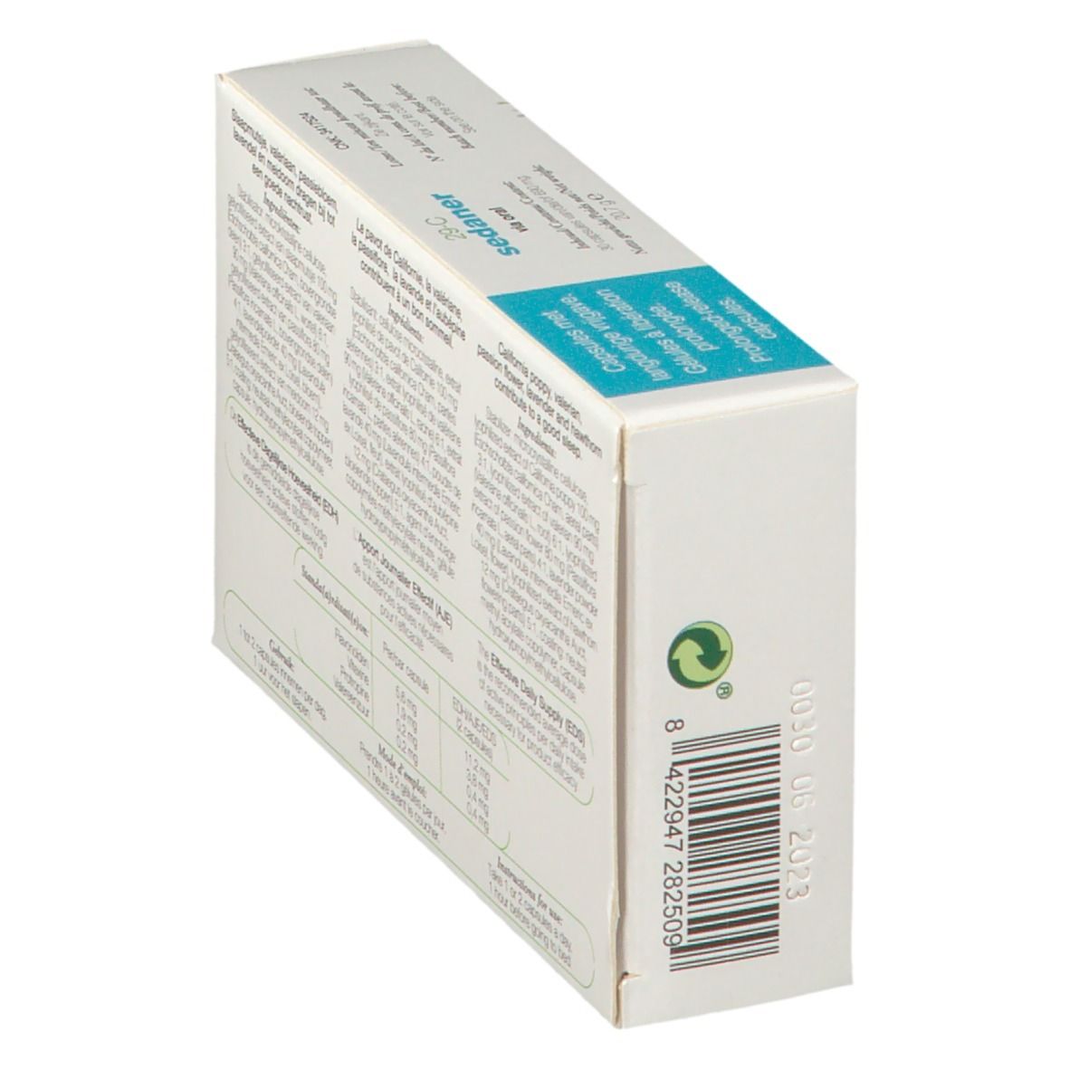Dos de la boîte de gélules 'sedaner', en biais. Texte, code-barres et symbole de recyclage.