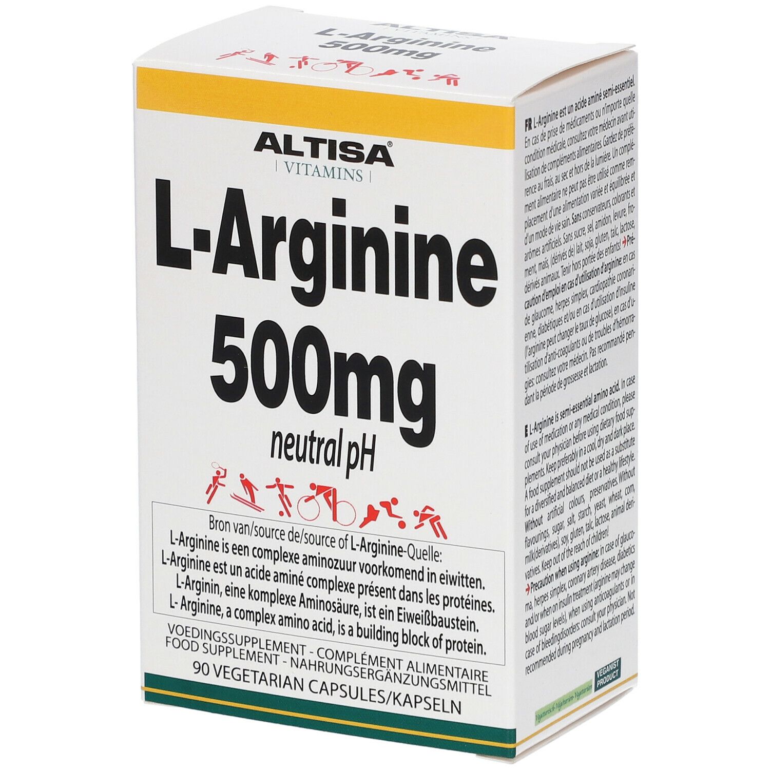 Boîte blanche ALTISA Vitamins, L-Arginine 500mg, pH neutre. Texte et pictogrammes. 90 gélules végétales.