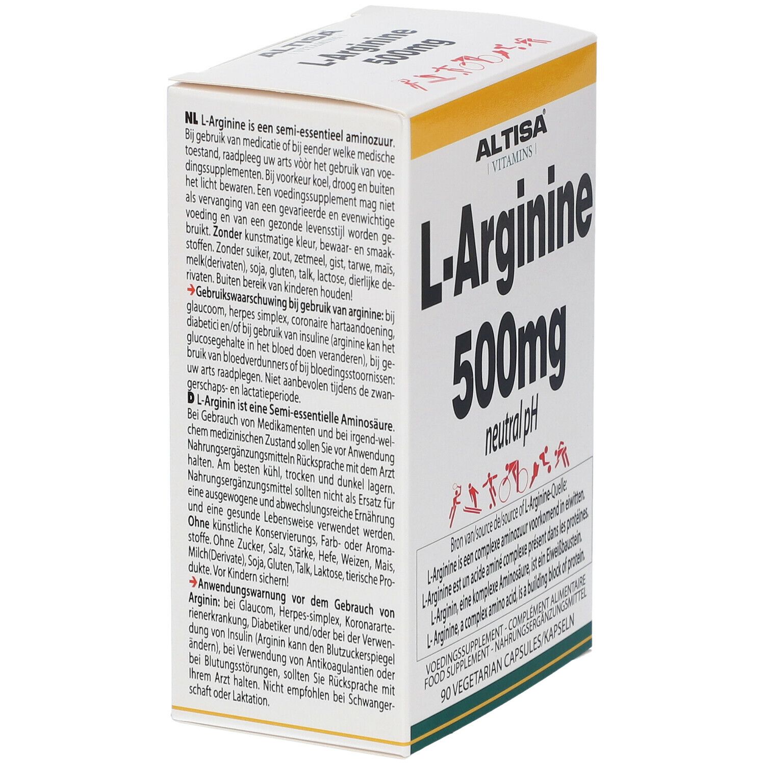 Boîte blanche ALTISA Vitamins, L-Arginine 500mg, pH neutre. Texte et pictogrammes. 90 gélules végétales. Texte en néerlandais.