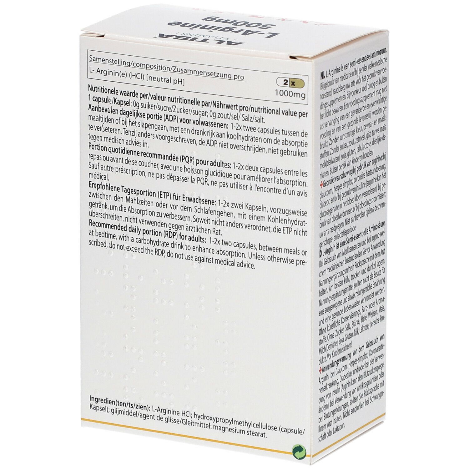 Dos de la boîte blanche ALTISA Vitamins, L-Arginine 500mg. Texte sur la composition et le dosage. 90 gélules.