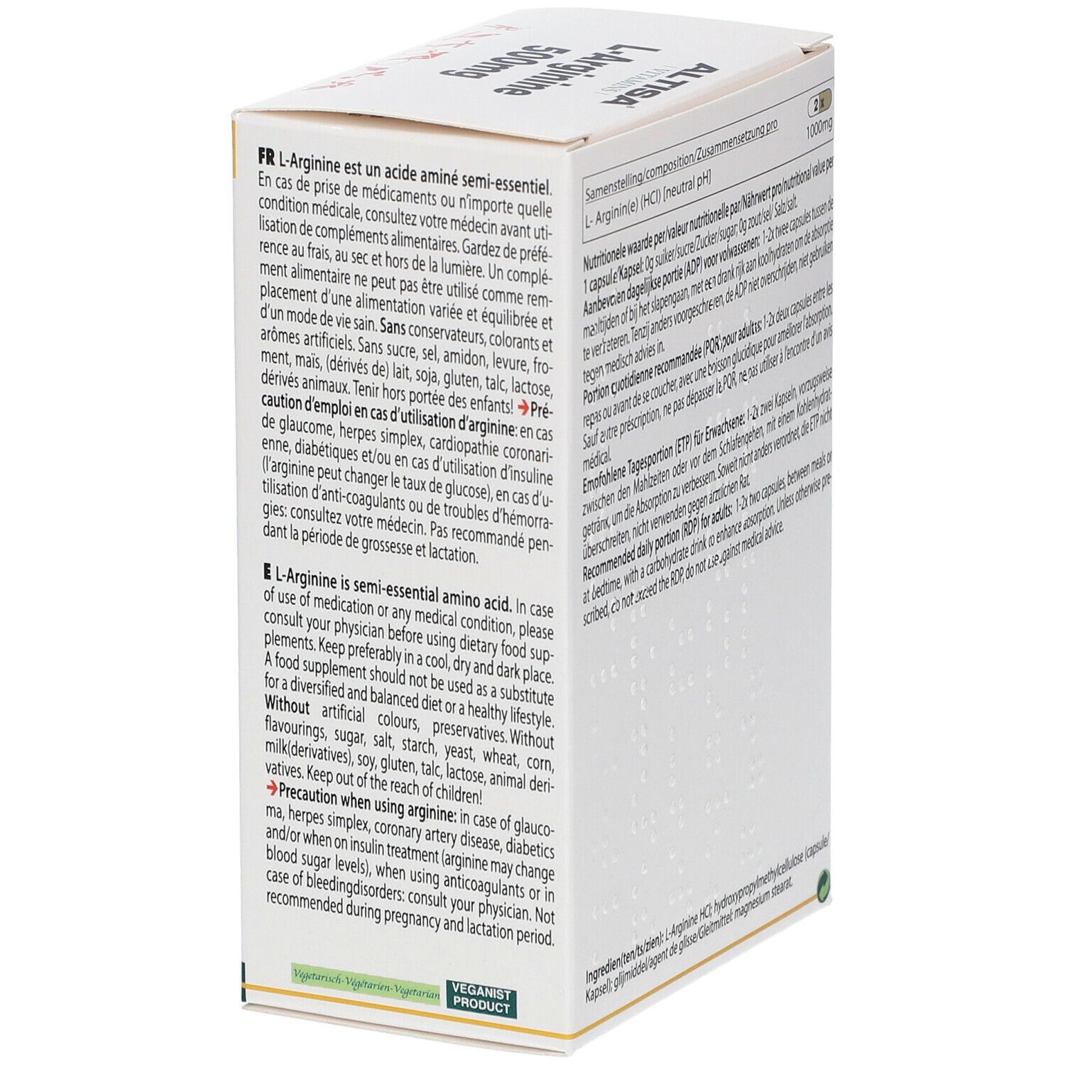 Côté de la boîte blanche ALTISA Vitamins, L-Arginine 500mg. Texte en français et anglais. 90 gélules.