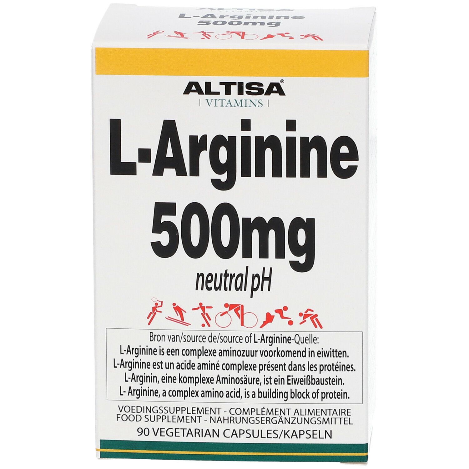 Boîte blanche ALTISA Vitamins, L-Arginine 500mg, pH neutre. Texte et pictogrammes. 90 gélules végétales.