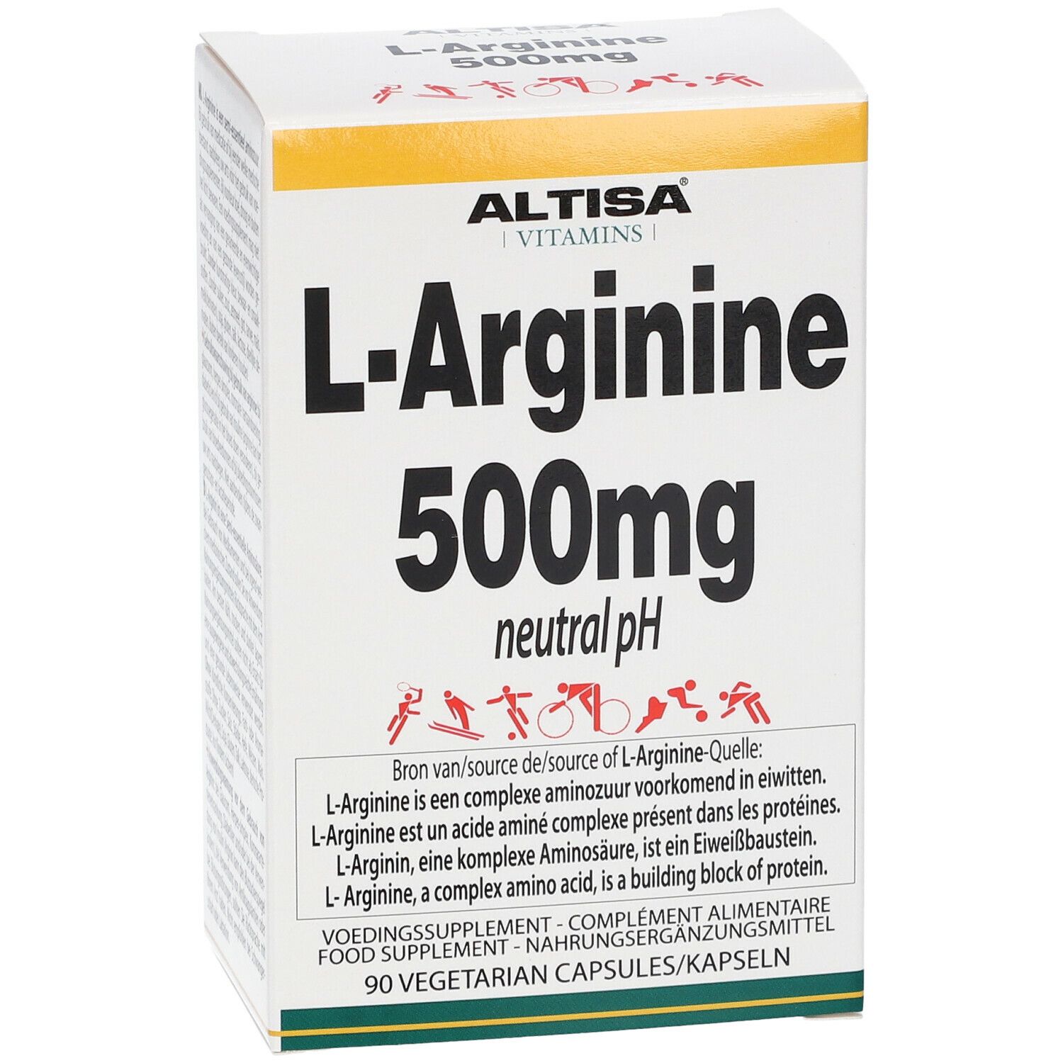 Boîte blanche ALTISA Vitamins, L-Arginine 500mg, pH neutre. Texte et pictogrammes. 90 gélules végétales.