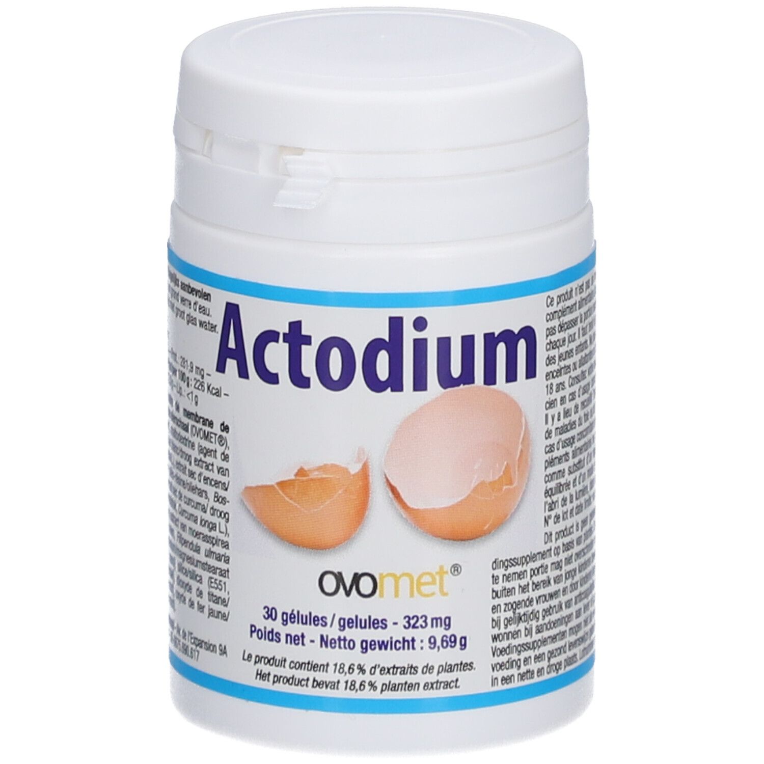 Boîte blanche Actodium avec illustration de coquilles d'œufs. Contient 30 gélules. Logo OVOmet.
