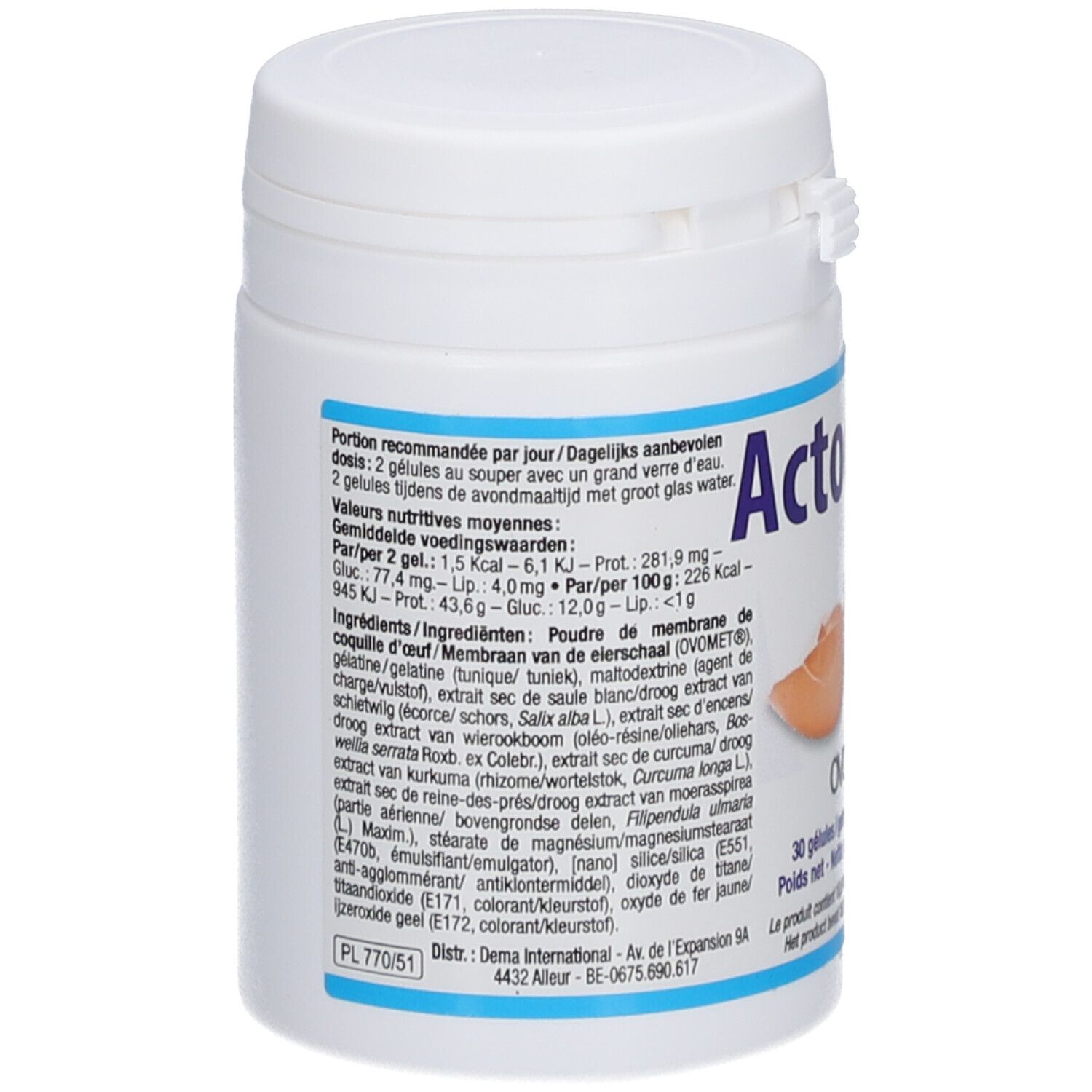 Boîte blanche, dos avec informations nutritionnelles et ingrédients. Logo Actodium et OVOmet. 30 gélules.