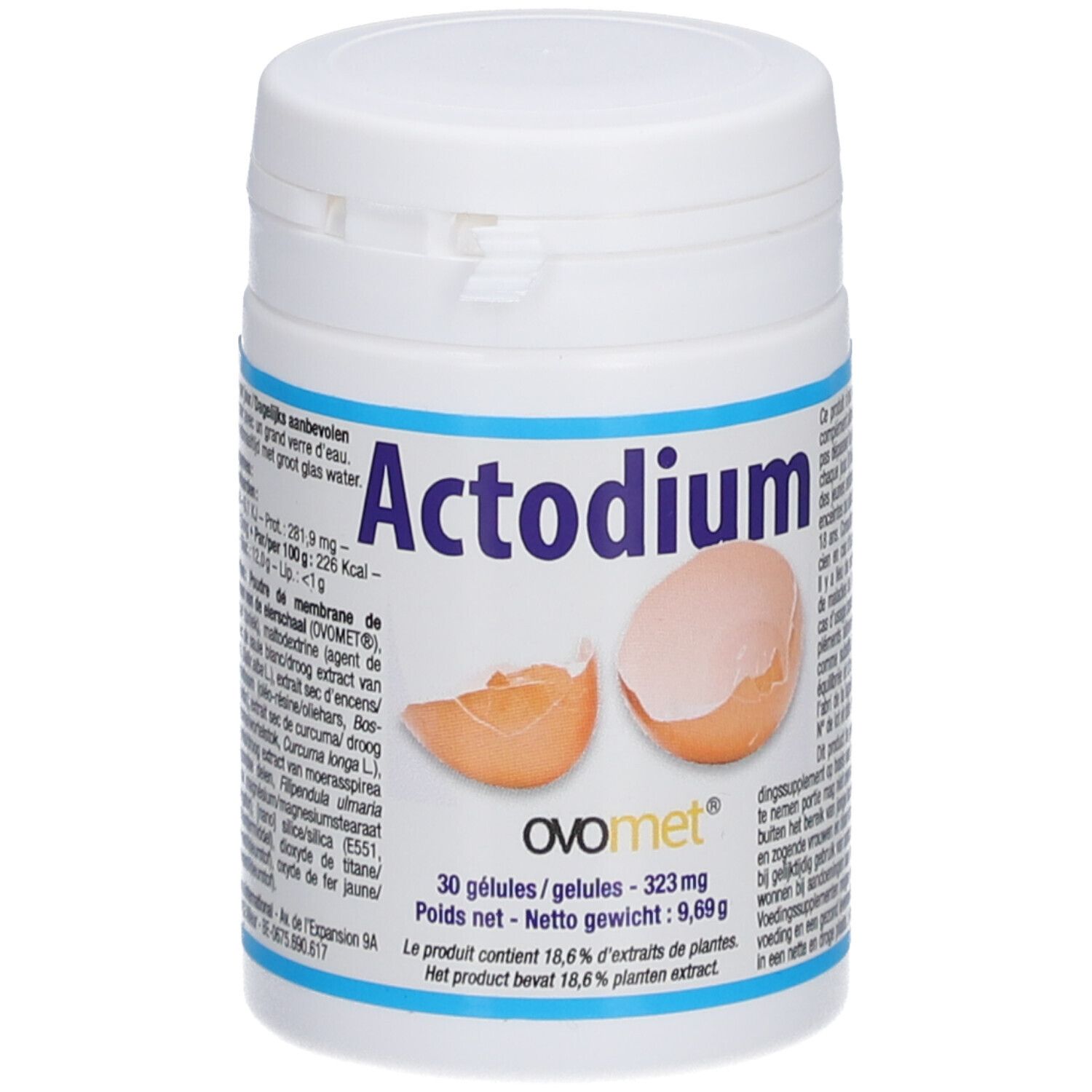 Boîte blanche Actodium avec illustration de coquilles d'œufs. Contient 30 gélules. Logo OVOmet.