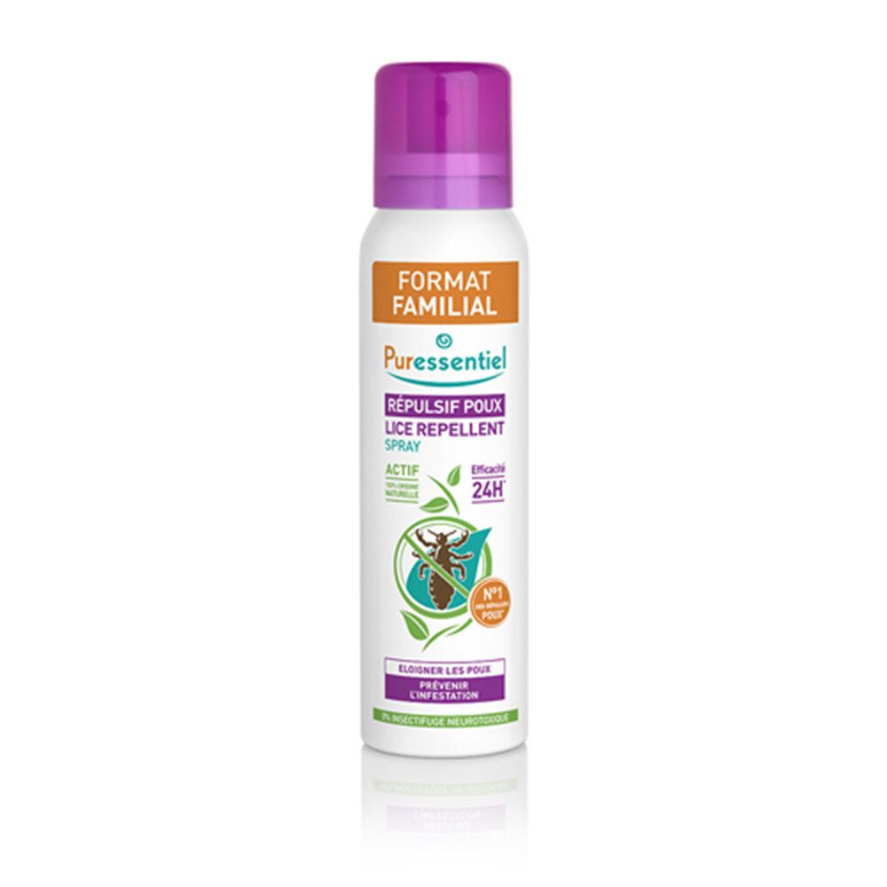 Spray blanc avec bouchon violet. Étiquette orange avec texte. Nom du produit et logo. Illustration d'un pou.