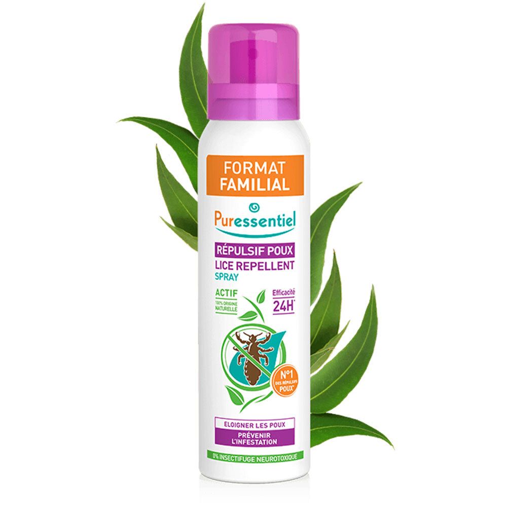 Spray blanc avec bouchon violet et feuilles vertes. Étiquette orange avec texte. Nom du produit et logo.