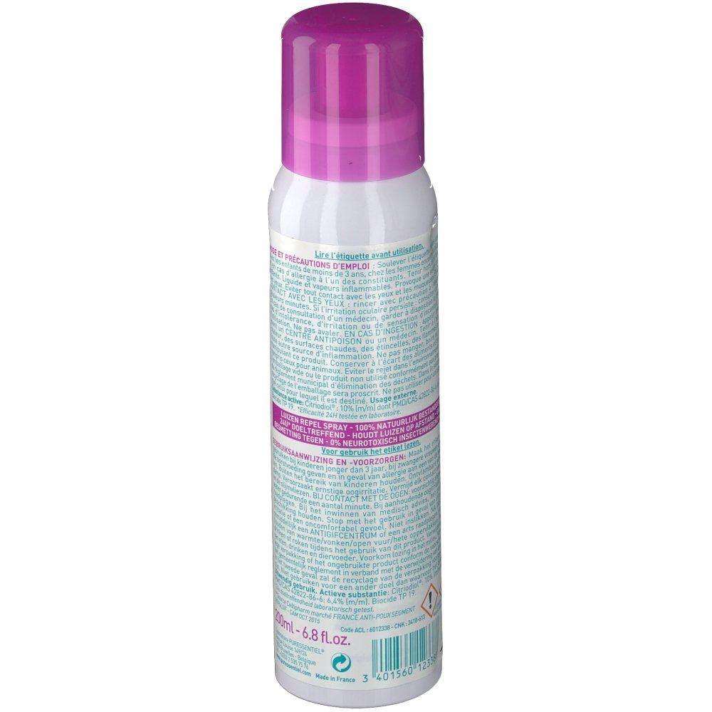 Dos du spray blanc avec bouchon violet. Texte en plusieurs langues. Avertissements et informations d'utilisation.