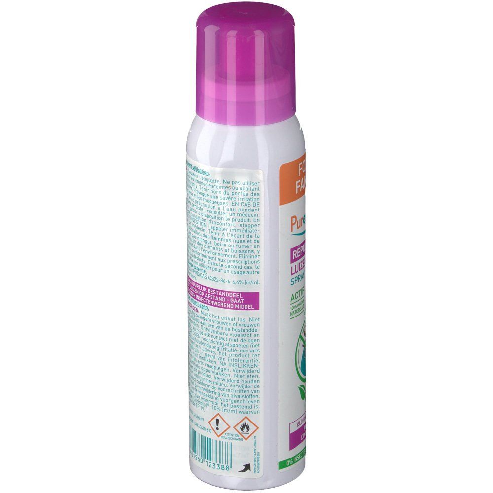 Spray blanc avec bouchon violet. Texte et logo sur le côté. Avertissements et informations d'utilisation.