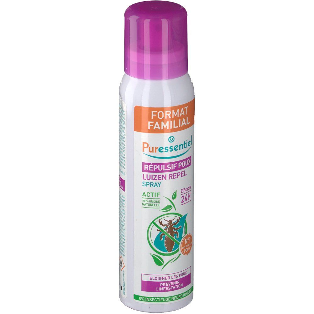 Spray blanc avec bouchon violet. Étiquette orange avec texte. Nom du produit et logo. Illustration d'un pou.
