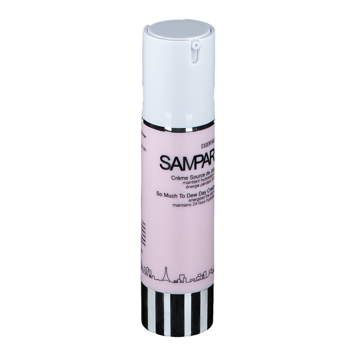 Rosa Flasche mit weißem Deckel. Aufschrift: SAMPAR, Crème Source de Jour. Text auf Französisch und Englisch.