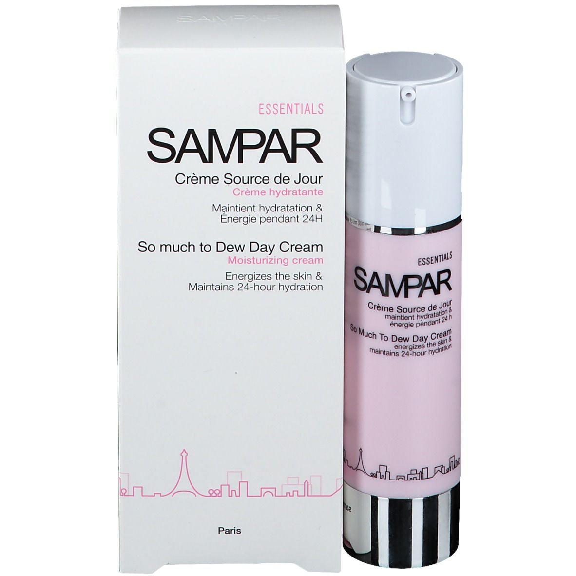 Produktverpackung mit Flasche und Karton. Aufschrift: SAMPAR, Crème Source de Jour. Weißer Karton mit rosa Akzenten.