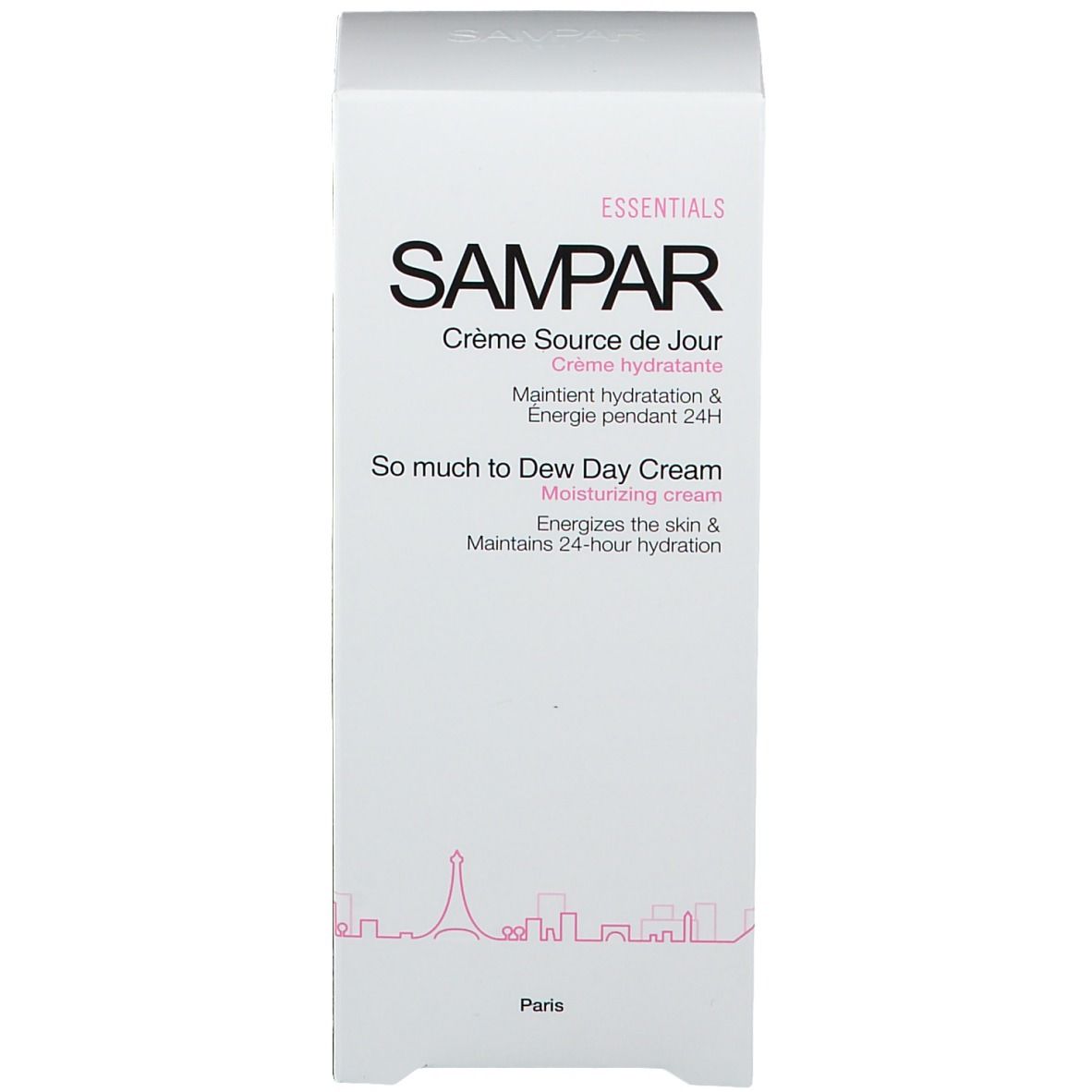Weißer Karton mit Aufschrift: SAMPAR, Crème Source de Jour. Rosa Akzente und Produktnamen.