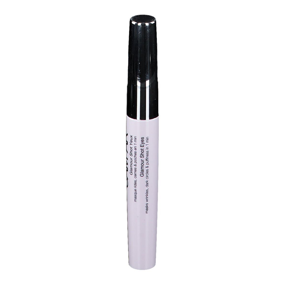 Stylo blanc avec bouchon argenté. Inscription SAMPAR Glamour Shot Eyes. Texte: Masque rides, cernes & poches.