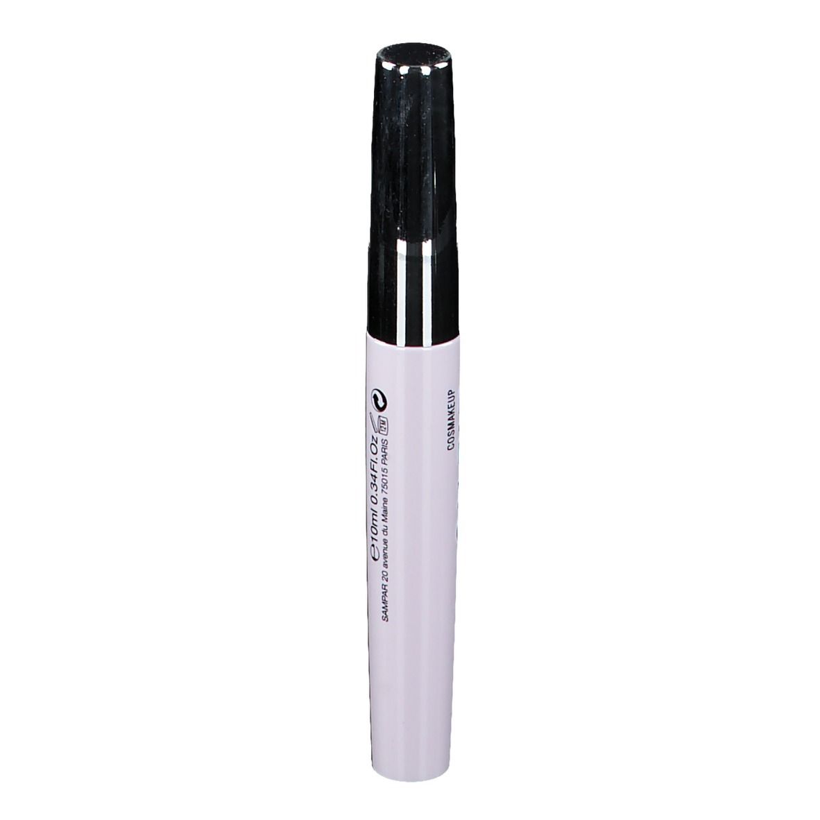Stylo blanc avec bouchon argenté. Inscription SAMPAR Glamour Shot Eyes. Volume : 10 ml.