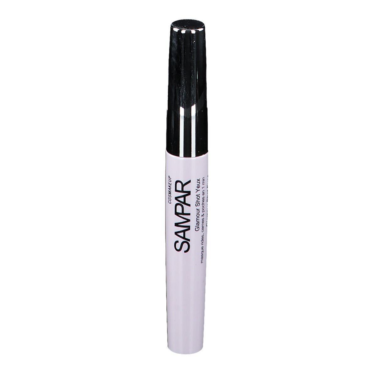 Stylo blanc avec bouchon argenté. Inscription SAMPAR Glamour Shot Eyes. Texte: Masque rides, cernes & poches.
