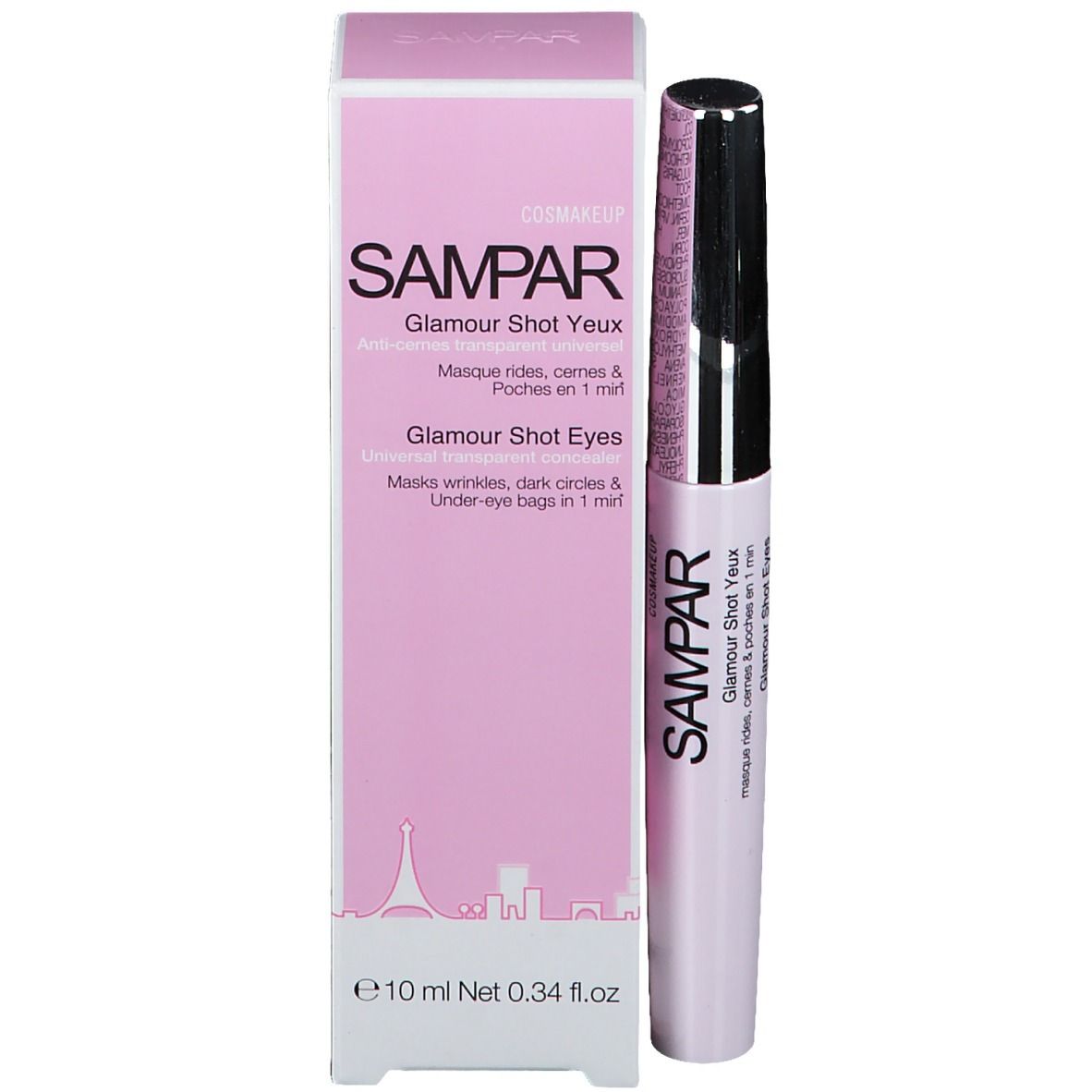 Emballage produit avec stylo et boîte. Inscription SAMPAR Glamour Shot Eyes. Boîte rose avec Tour Eiffel.