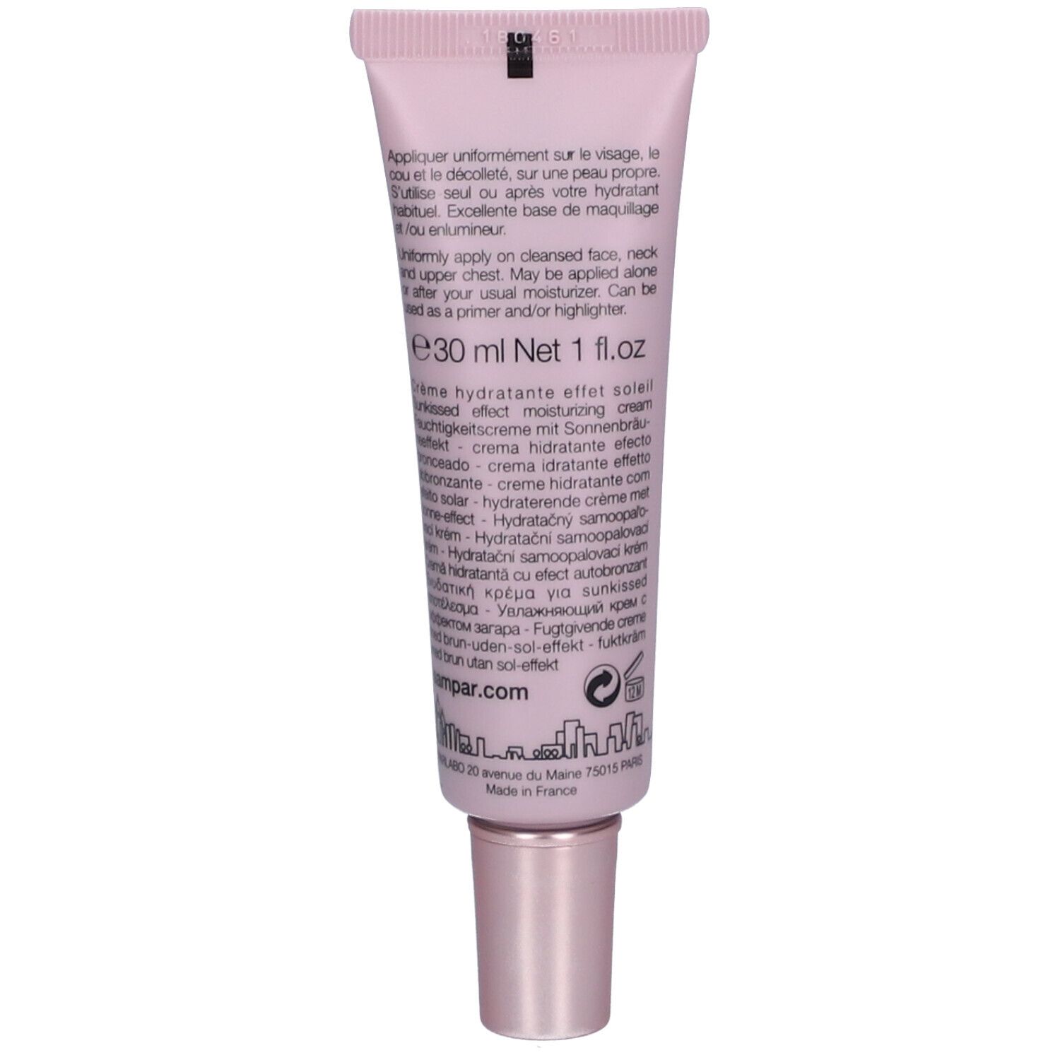 Dos d'un tube rose. Texte multilingue. Marque SAMPAR. Bouchon rose. Fond blanc.